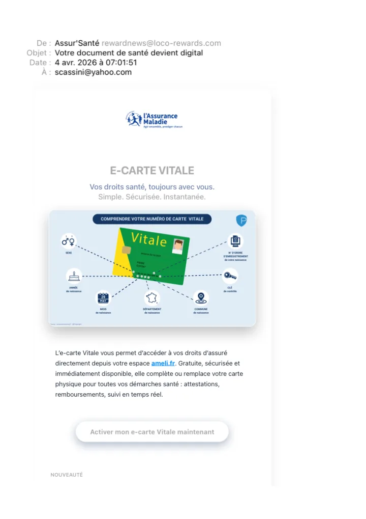 Capture du faux email e-carte Vitale — expéditeur Assur'Santé avec adresse réelle rewardnews@loco-rewards.com