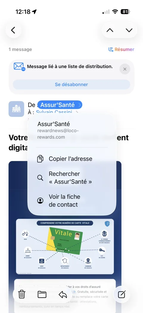 iPhone — appuyer sur le nom Assur'Santé révèle l'adresse réelle rewardnews@loco-rewards.com
