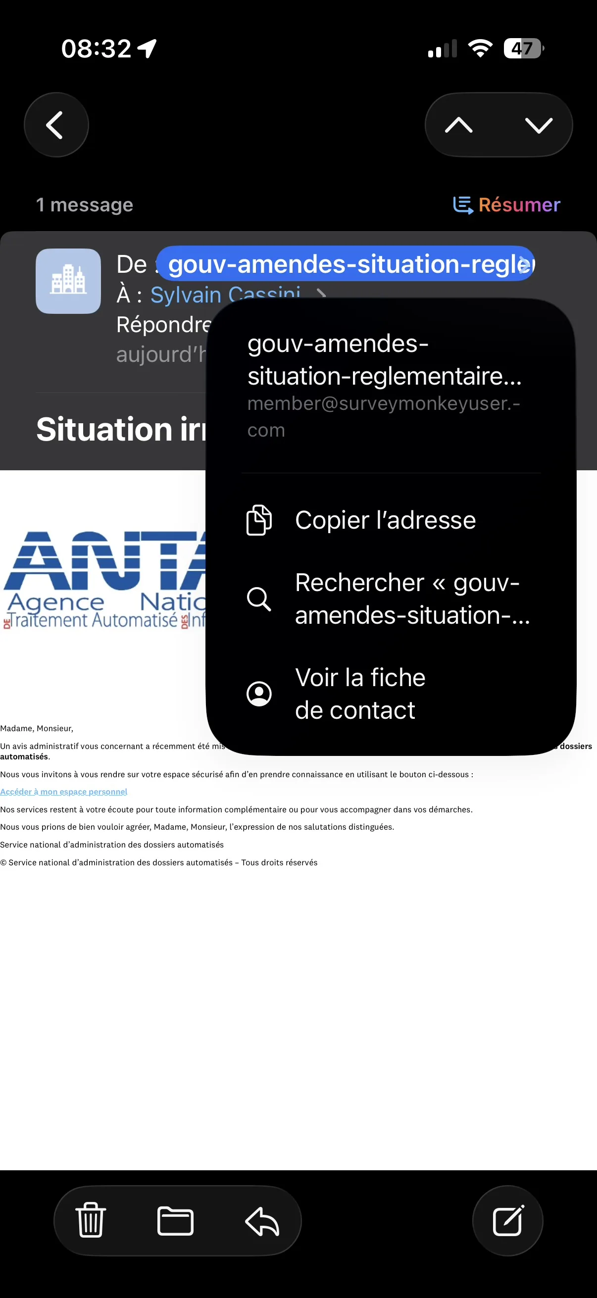 Capture d'écran d'un faux email d'amende — phishing administratif