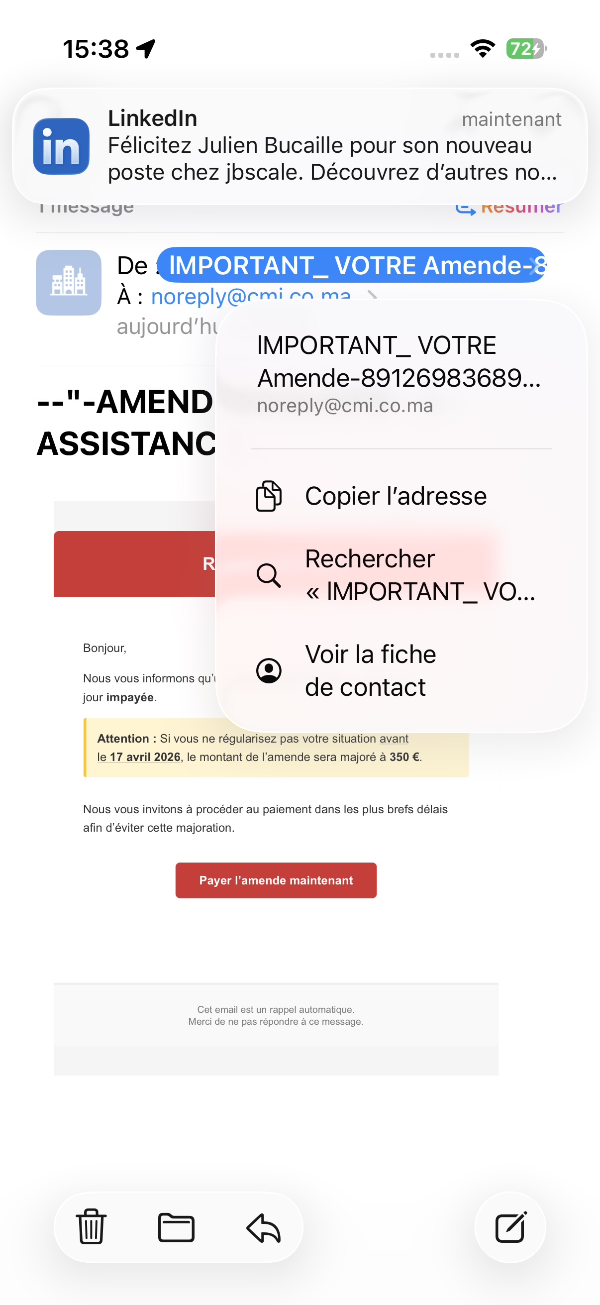Capture de l'expéditeur du faux email d'amende — noreply@cmi.co.ma