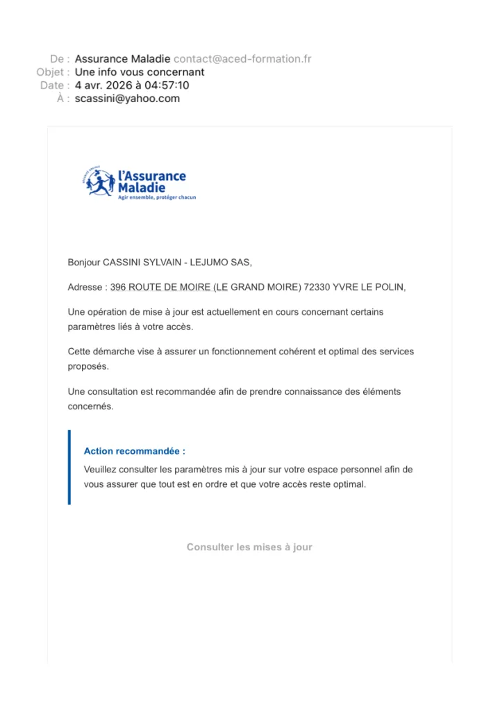 Capture du faux email Assurance Maladie — expéditeur réel contact@aced-formation.fr