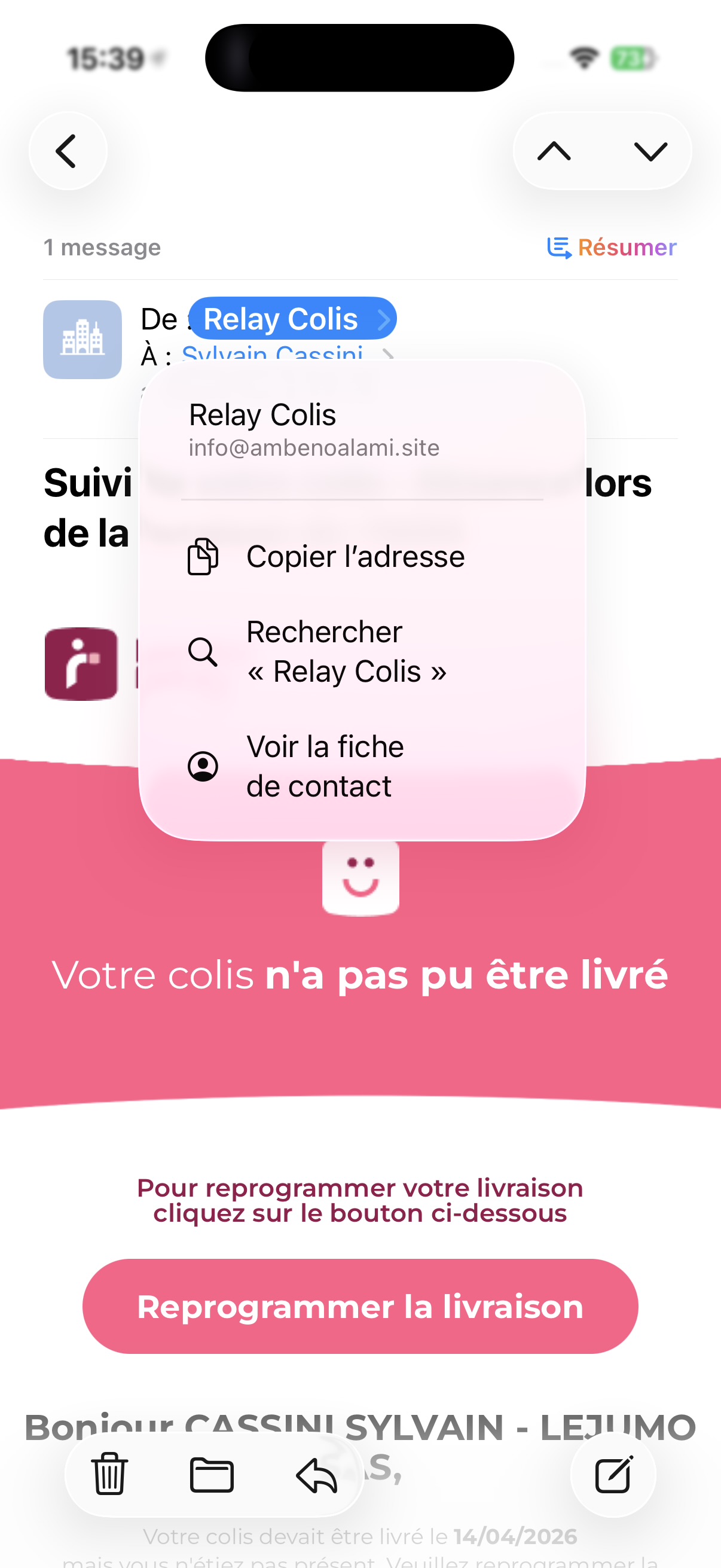 Capture de l'adresse expéditeur du faux email Mondial Relay — info@ambenoalami.site