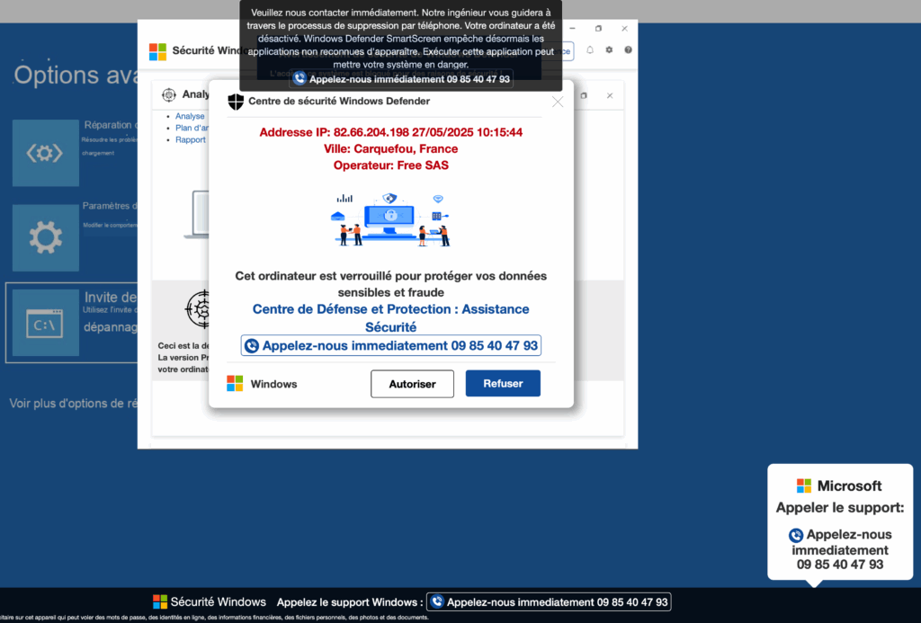 Capture d'écran de la fausse alerte Windows Defender — arnaque scareware