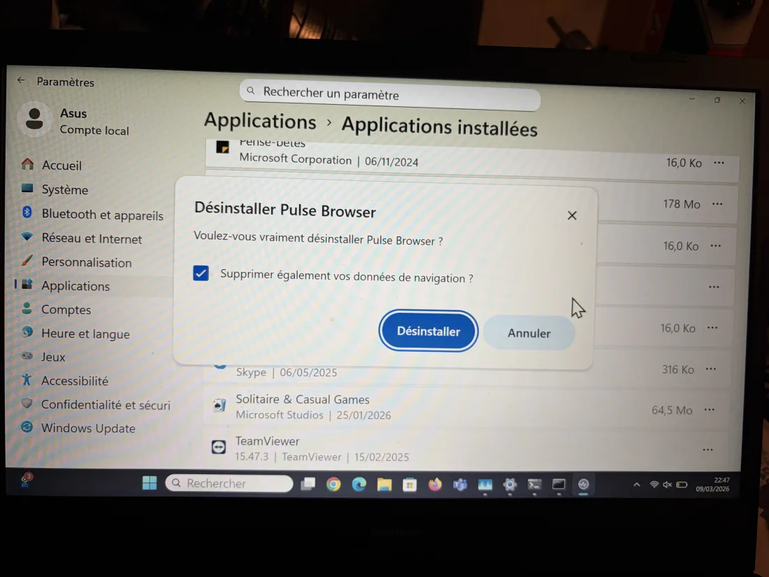 Désinstallation de Pulse Browser dans les paramètres Windows 11