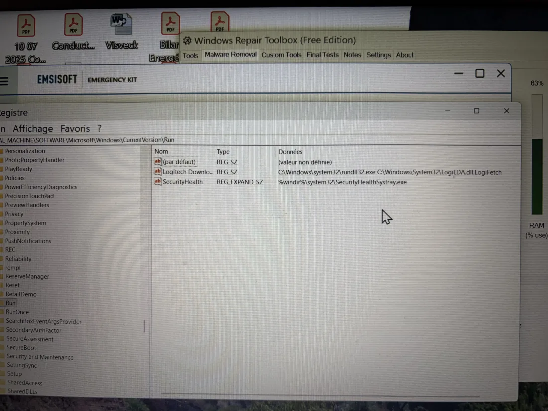Éditeur de registre Windows — clés de démarrage HKLM Run vérifiées avec Emsisoft Emergency Kit