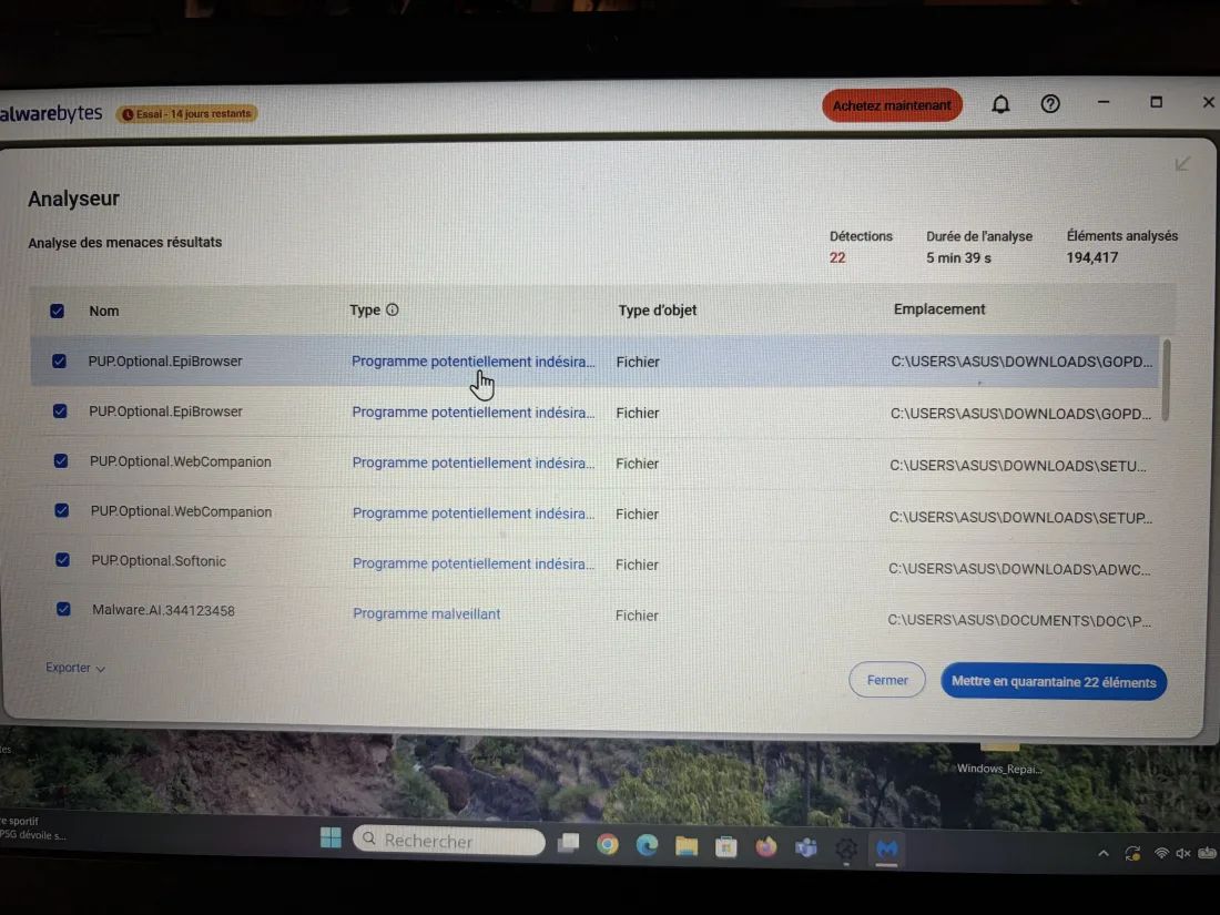 Résultats Malwarebytes : 22 détections dont PUP EpiBrowser WebCompanion et un malware IA