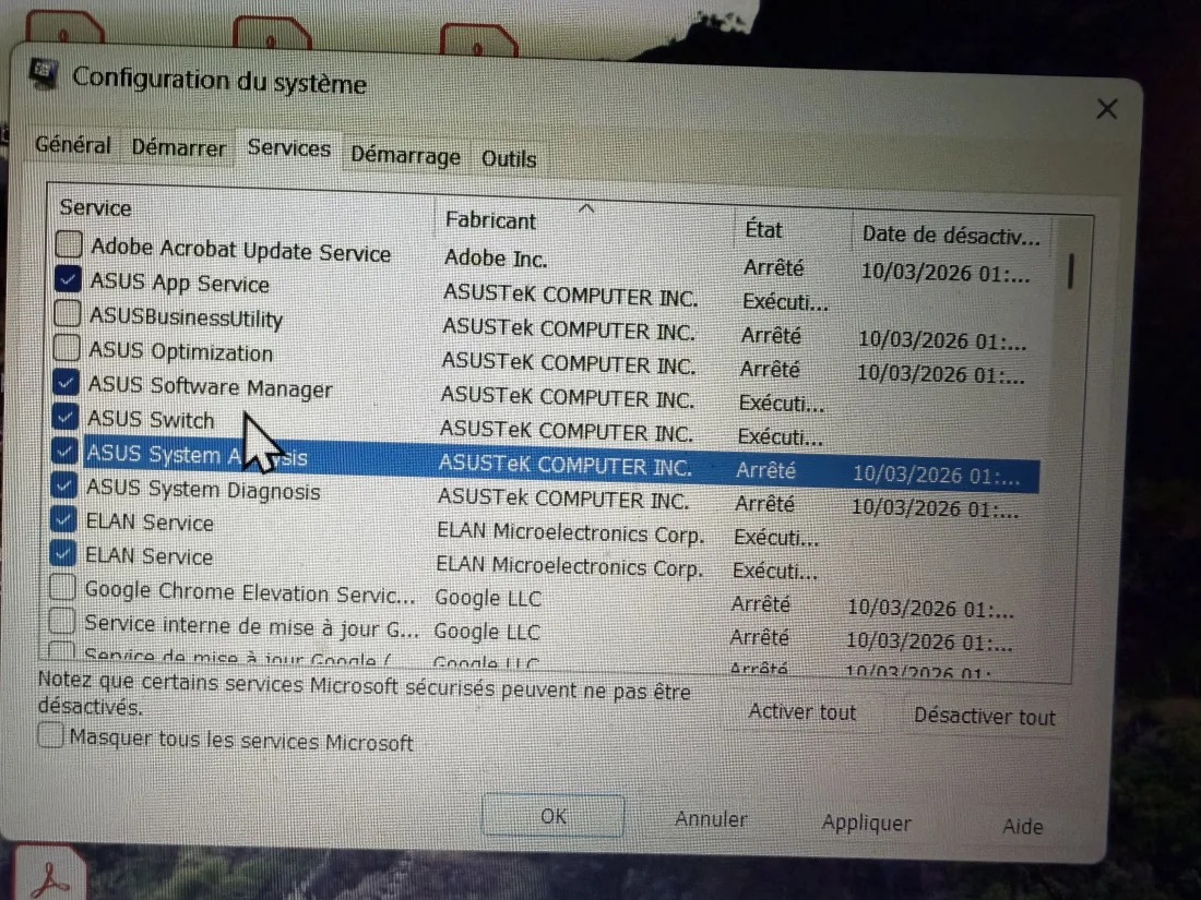 msconfig services au démarrage Windows 11 — audit des services ASUS et tiers
