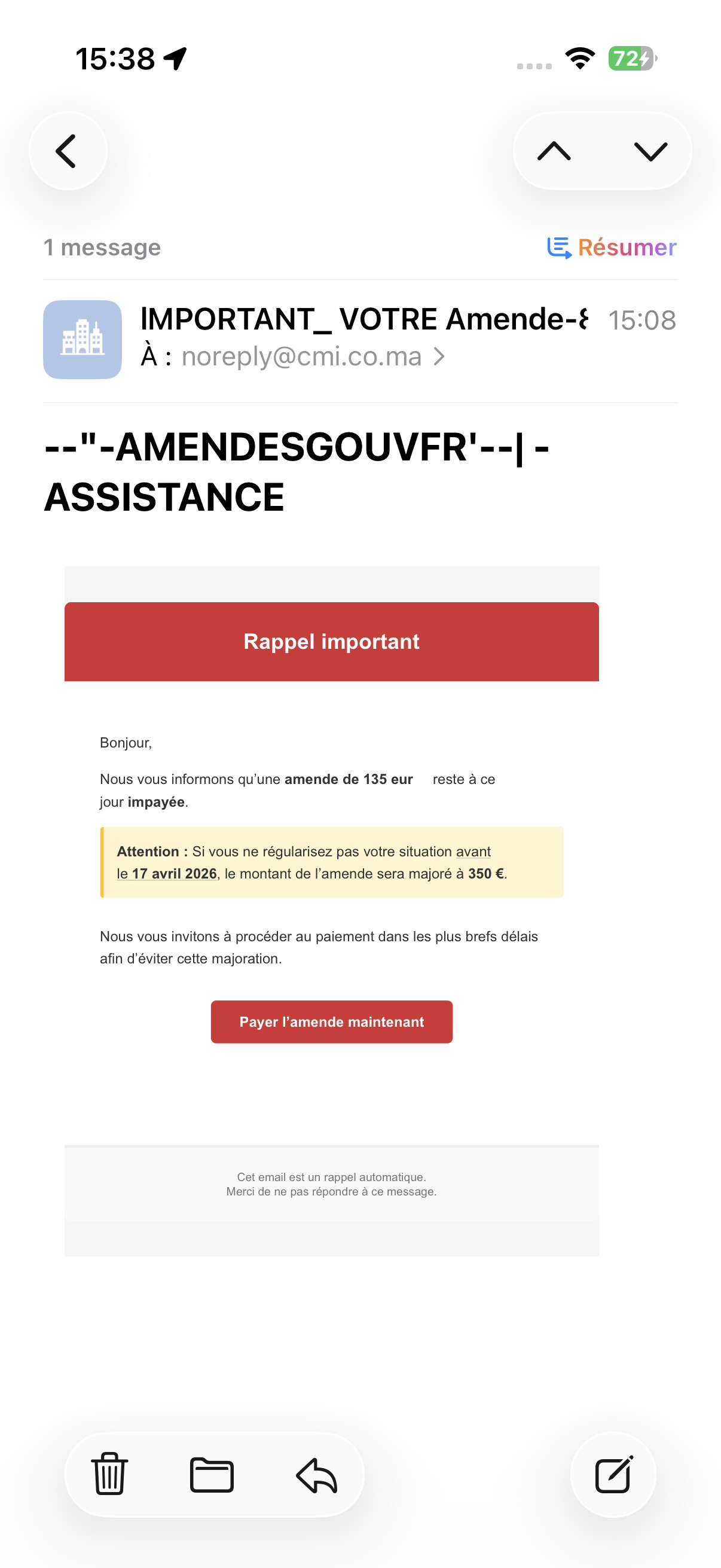 Contenu du faux email d'amende — arnaque phishing 135€ majorée à 350€