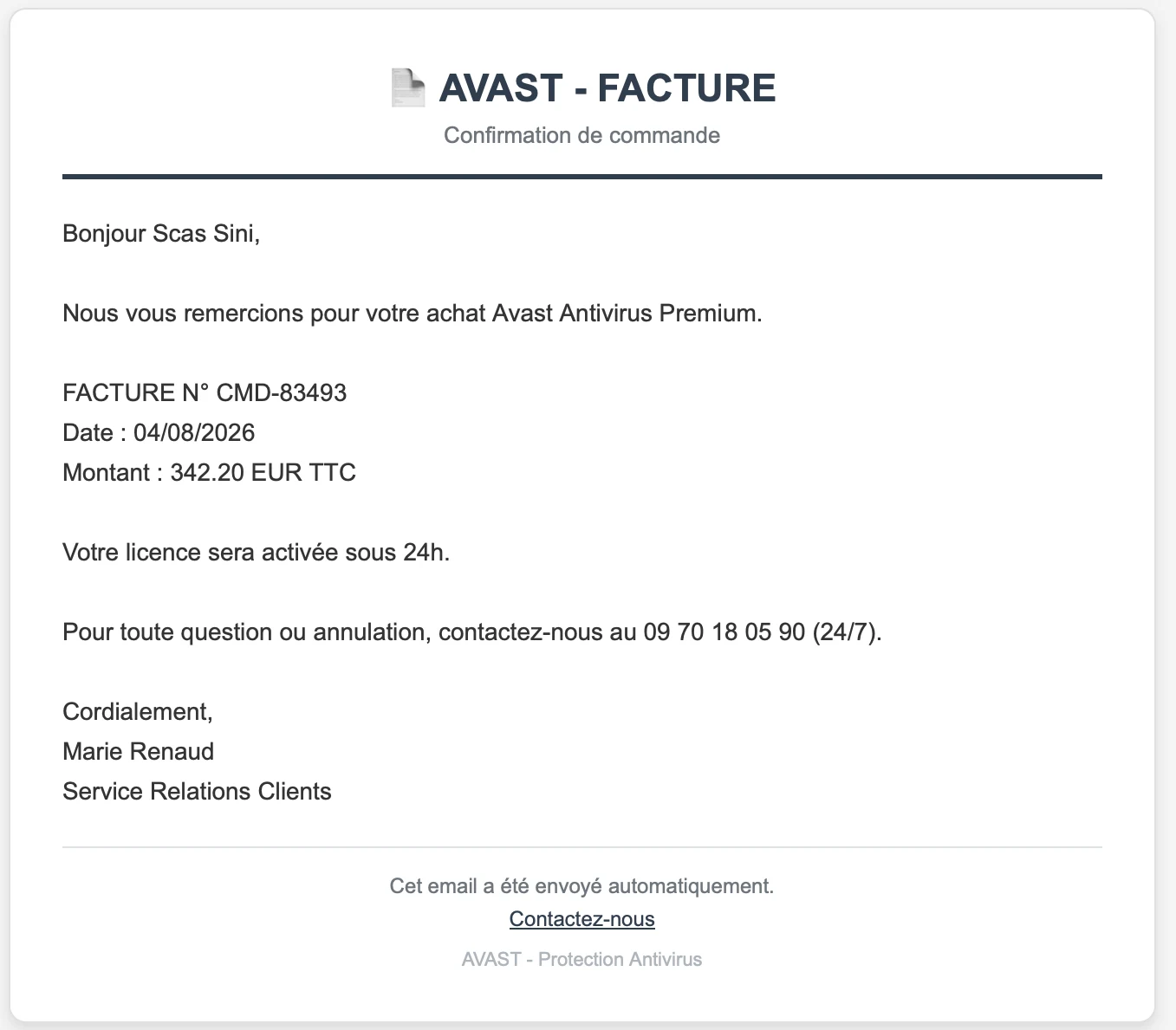 Capture d'écran du faux email AVAST - FACTURE réclamant 342,20€ et un appel au 09 70 18 05 90