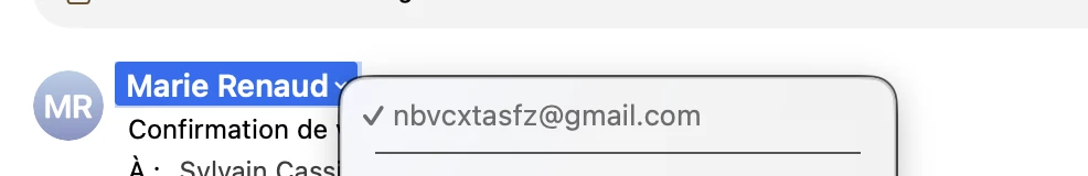 Preuve de l'expéditeur réel du faux email Avast : l'adresse Gmail nbvcxtasfz@gmail.com derrière le nom affiché Marie Renaud