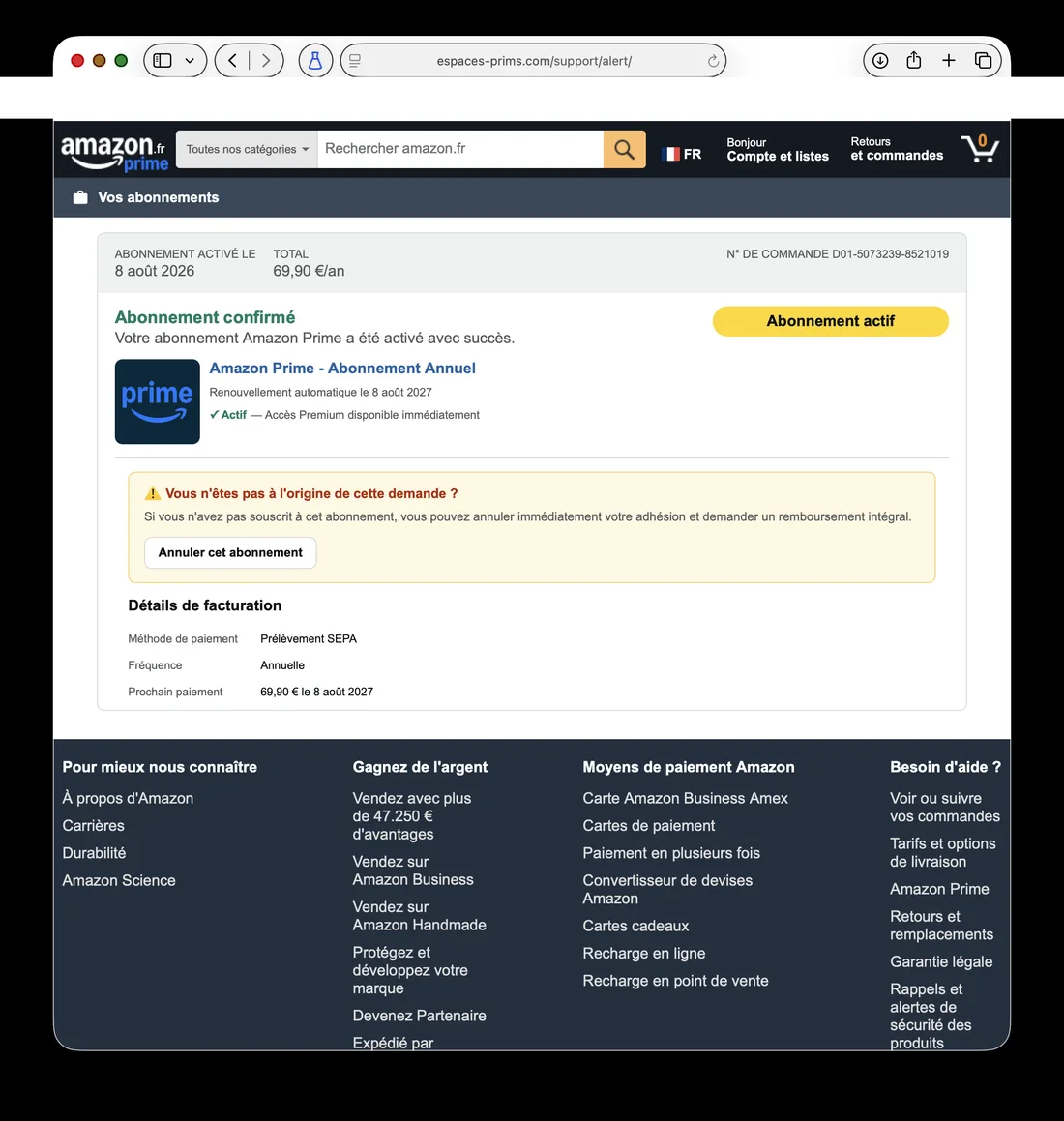 Faux site imitant Amazon.fr sur le domaine espaces-prims.com, page piégée derrière le bouton Gérer l'abonnement