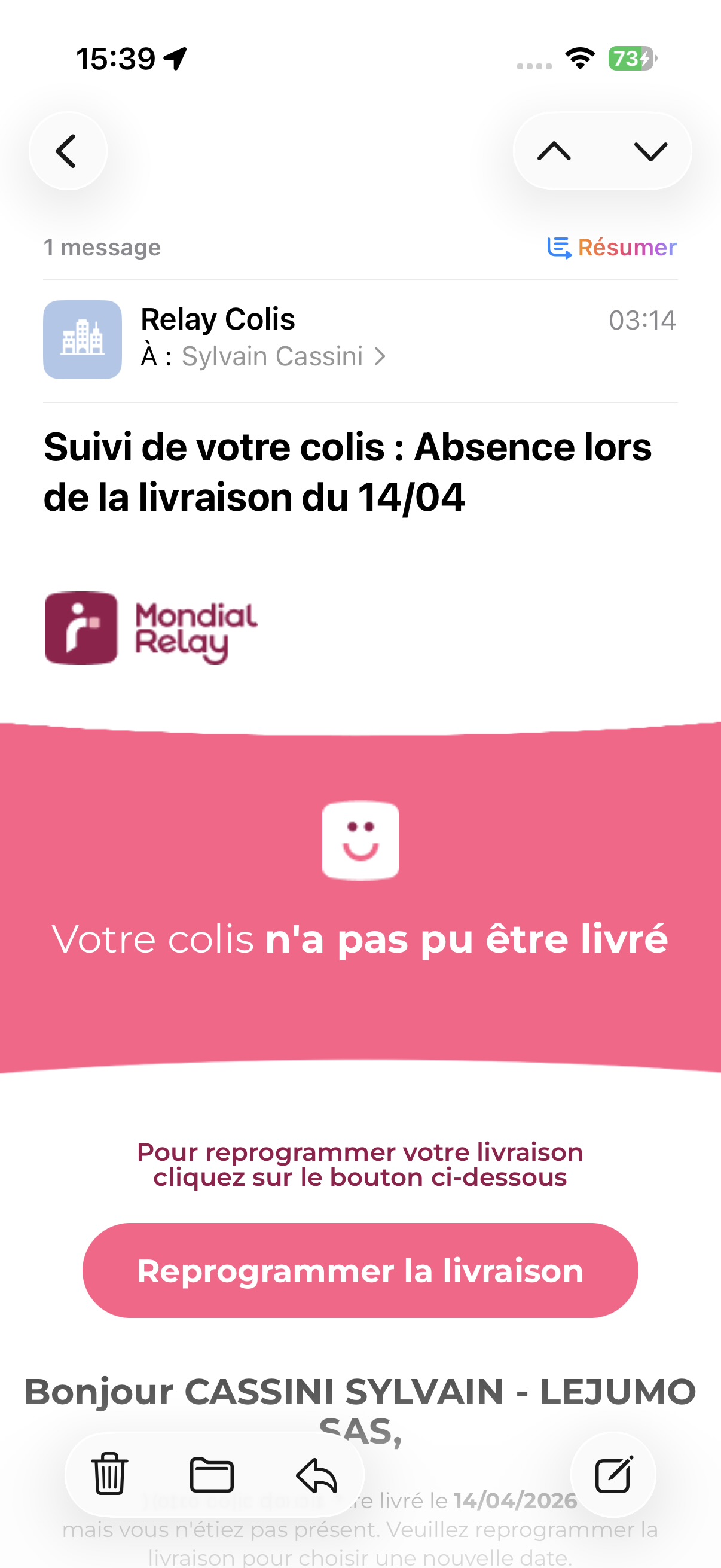 Capture d'écran du faux email Mondial Relay — arnaque livraison colis