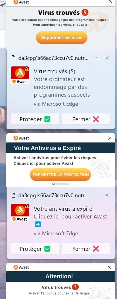 Exemple de fausses notifications Avast « Virus trouvés » et « Antivirus a expiré » affichées via Microsoft Edge
