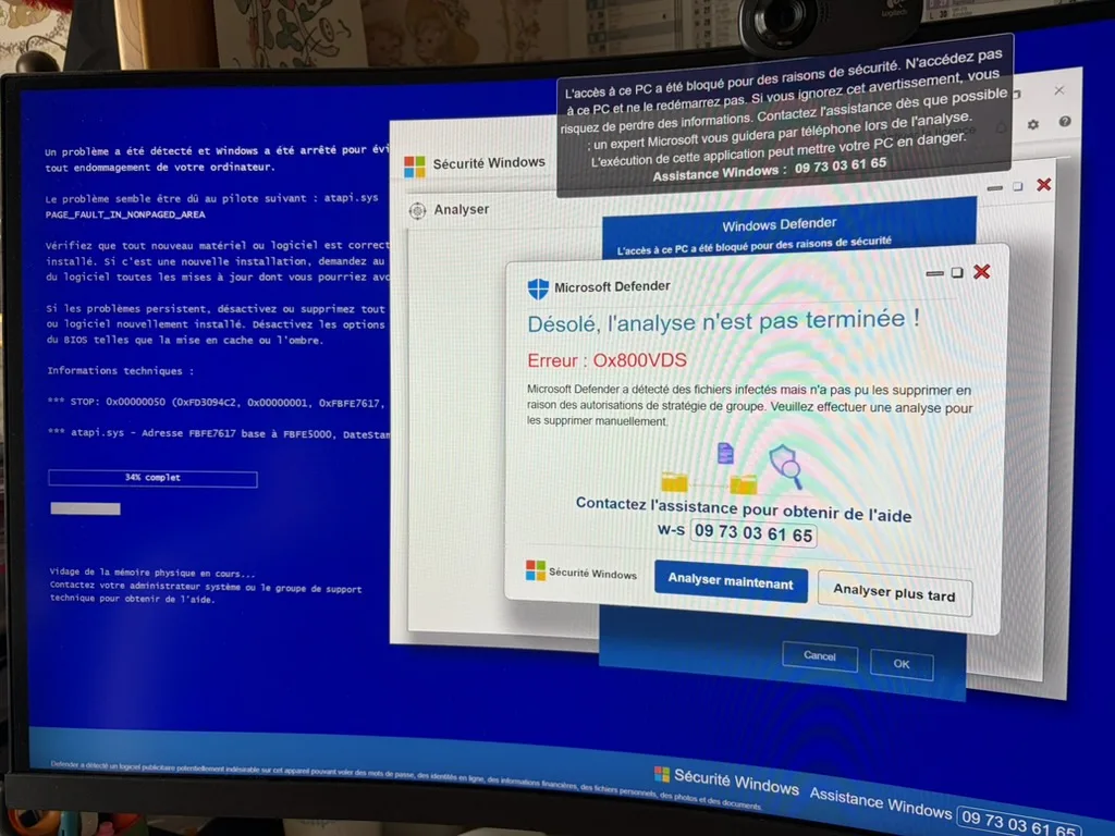 Faux écran de sécurité Microsoft Defender — arnaque scareware avec numéro de téléphone frauduleux 09 73 03 61 65