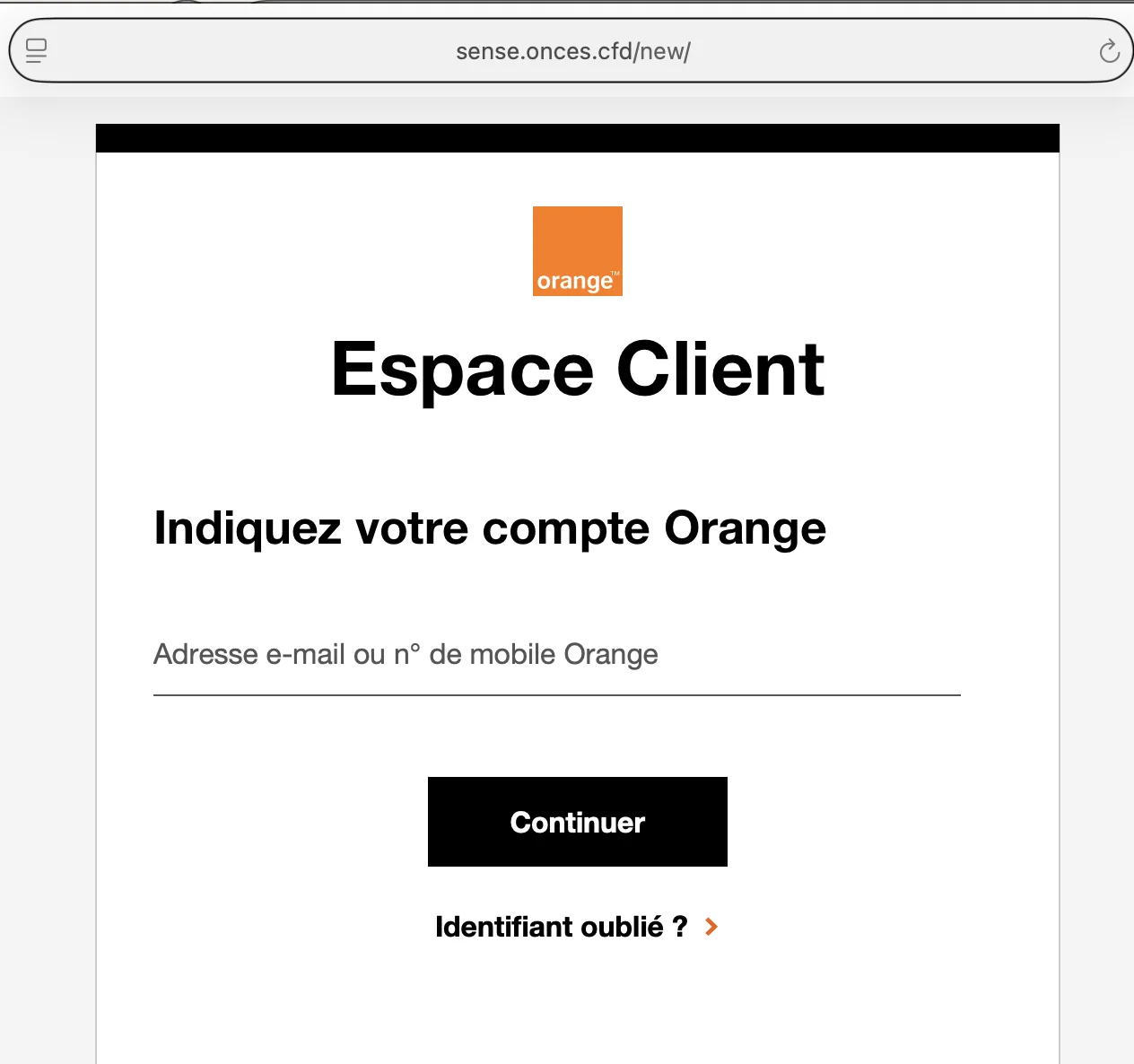 Capture d'écran du faux espace client Orange demandant l'identifiant — même domaine frauduleux sense.onces.cfd/new/
