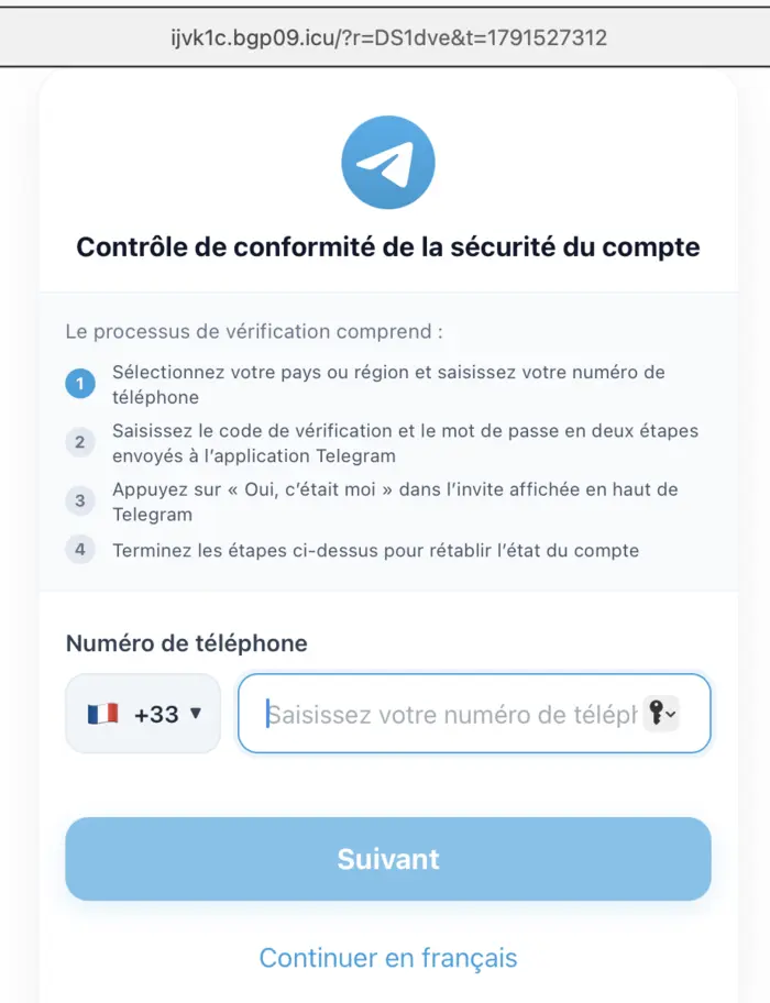 Fausse page Telegram « Contrôle de conformité de la sécurité du compte »
