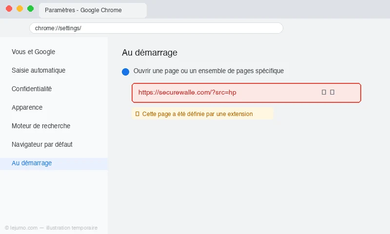 Paramètres Chrome avec la page d'accueil modifiée par Securewalle.com à la place de Google