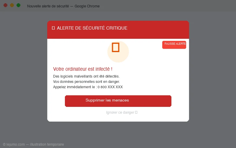 Capture d'écran d'une popup Securewalle.com affichant une fausse alerte de sécurité dans le navigateur Chrome