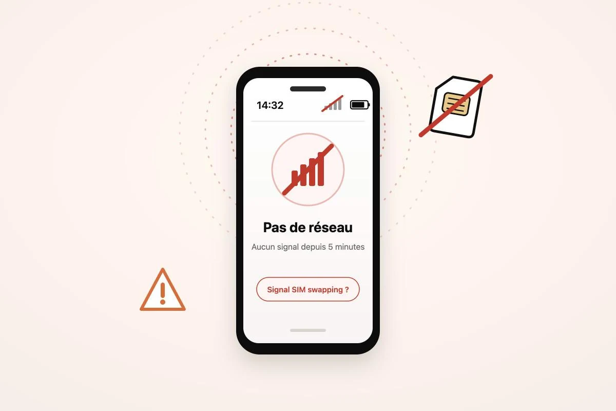 Smartphone affichant « Pas de réseau » avec l'icône de signal barrée, illustrant le premier signal d'alerte du SIM swapping