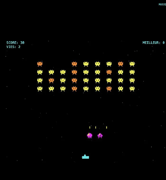 Capture d'écran du jeu Starvaders : formation d'aliens et vaisseau du joueur